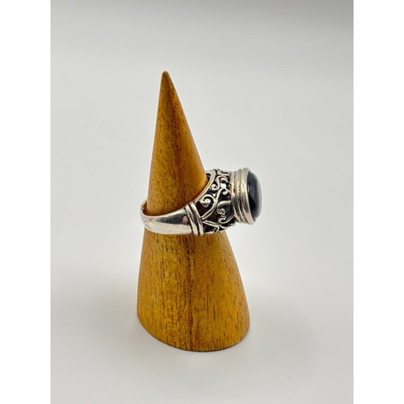 Black Onyx 925 Sterling Silver Filigree Ring Size 7.5 - Picture 10 of 11